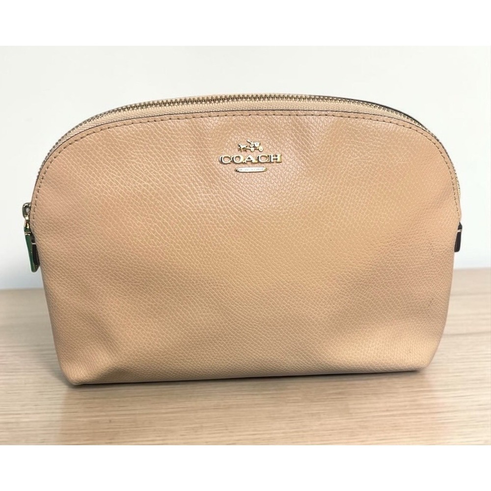 Coach Pebbled Leather Large Dome Cosmetic Makeup Case Beige Gold Zip Pouch